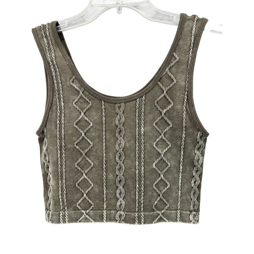 BKE Essentials Tank Top Womens M/L Green Acid Wash Textured Crop Boho Grunge